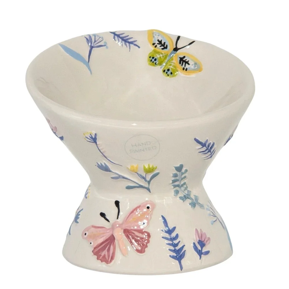 Mellow & Mod Raised Ceramic Cat Food Water Bowl‎ Butterfly Embossed Hand Painted